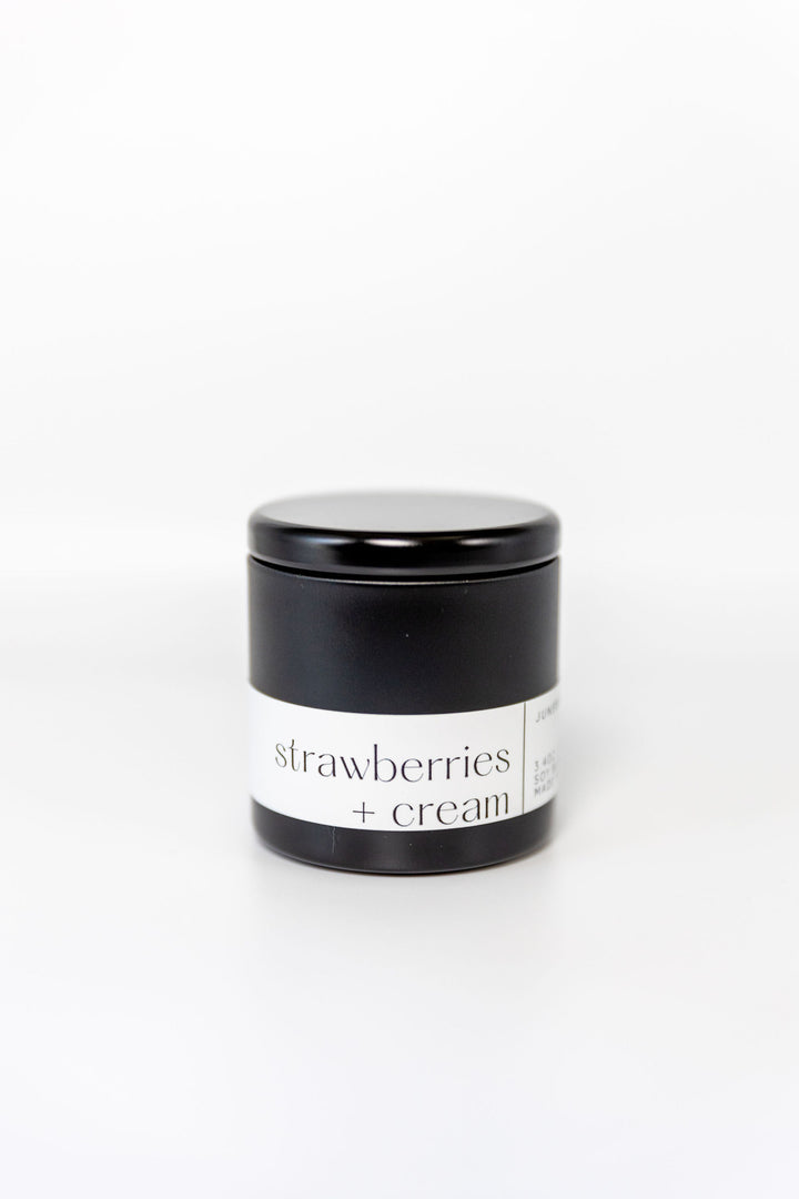Strawberries and Cream Soy Candle in matte black vessel by juneberryplace home fragrances