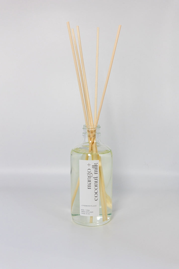 Mango and Coconut Milk Reed Diffuser with Reeds - Summer Collection in a glass bottle by juneberryplace home fragrances