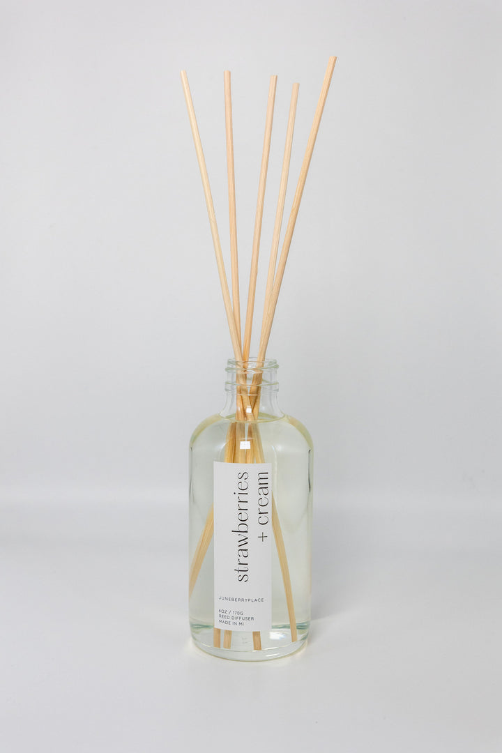 Strawberries and Cream Reed Diffuser with Reeds - Summer Collection in a glass bottle by juneberryplace home fragrances