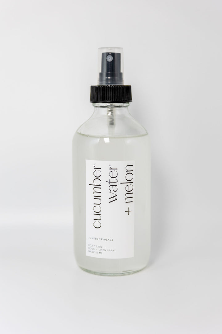 Cucumber Water and Melon Room + Linen Spray - Spring Collection in a glass bottle by juneberryplace home fragrances