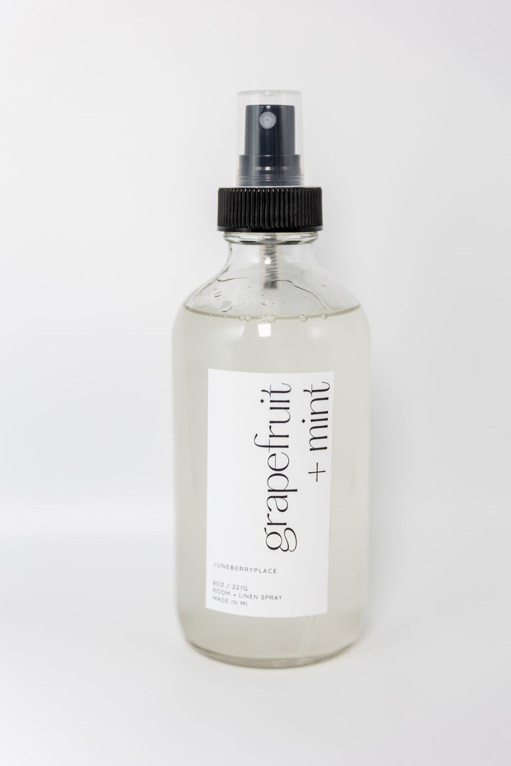 Grapefruit and Mint Room + Linen Spray - Spring Collection in a glass bottle by juneberryplace home fragrances