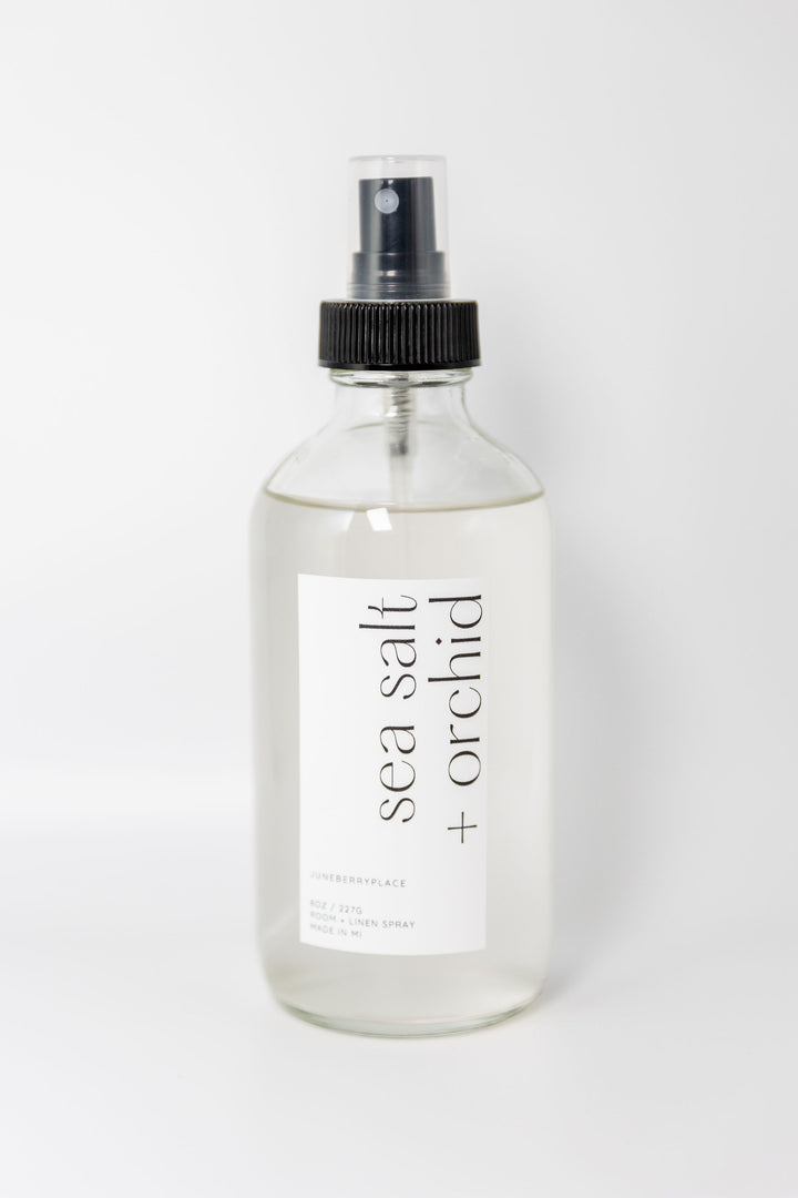 Sea Salt and Orchid Room and Linen Spray - Spring Collection in a glass bottle by juneberryplace home fragrances